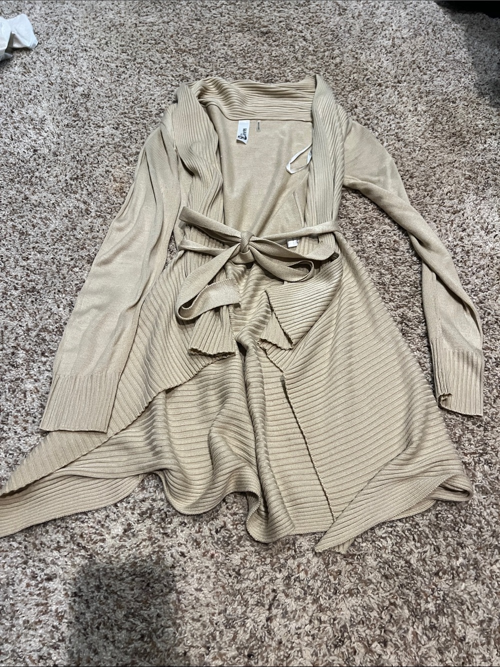 Tie-Waist Ribbed Open-Front Cardigan - Beige
